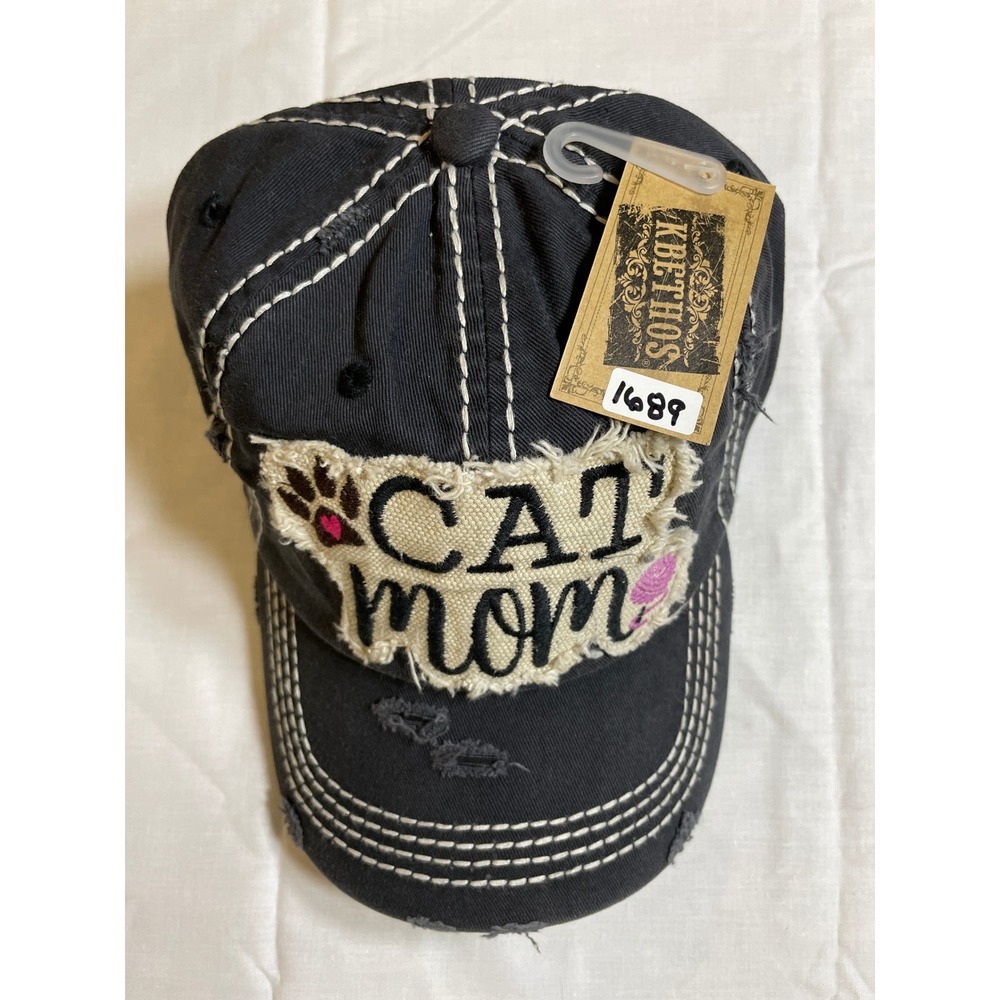 KBETHOS Cat Mom Baseball Cap Women OS Black NWT Distressed Contrast Stitch